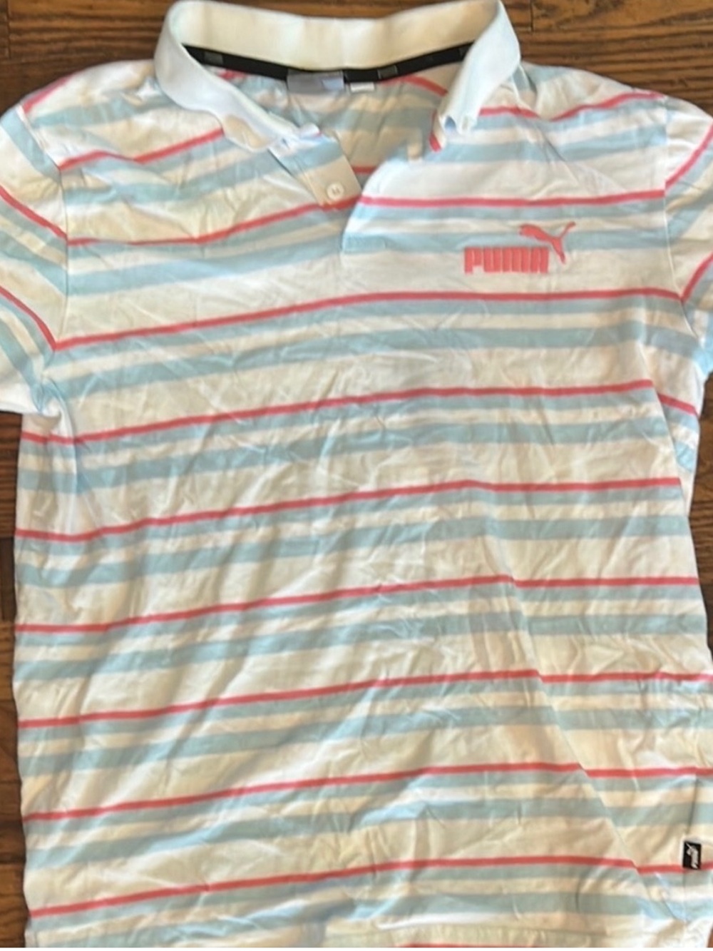 Puma White Polo Shirt with Pink and Light Blue Stripes
